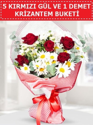 5 adet kırmızı gül ve krizantem buketi  Siirt yurtiçi ve yurtdışı çiçek siparişi 
